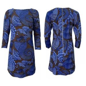 Elizabeth Mckay Asian Floral Long Sleeve Knee Length Sheath Dress Blue/Brown 4